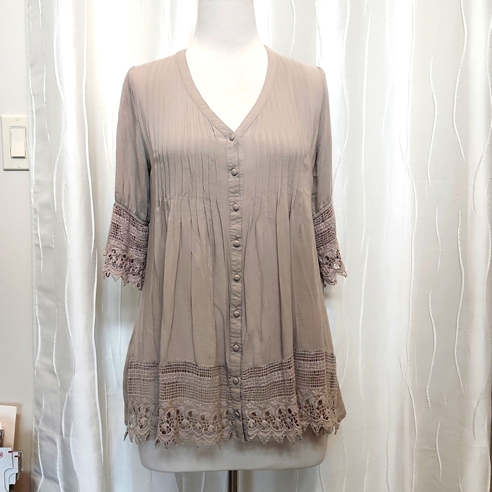 Blue Bird Tan Crochet Trim Top